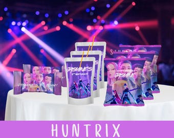 Huntrix Kpop Party Labels: Purple Neon Decor (Canva Pro Template Digital Download