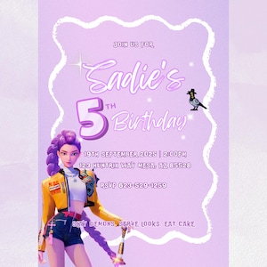 May include: A lilac-coloured birthday invitation with the text "Sadie's 5th Birthday." The invitation includes the date, time, and location, along with a phone number for RSVP. A cartoon illustration of a woman is featured on the invitation.