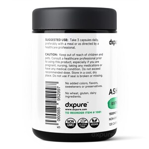 Op de afbeelding: Een zwarte supplementfles met een zwart deksel. Het etiket bevat tekst over aanbevolen gebruik, voorzorgsmaatregelen en ingredi&euml;nten. De fles heeft ook de merknaam "dxpure" en een groen label met "ASH EXTRA".