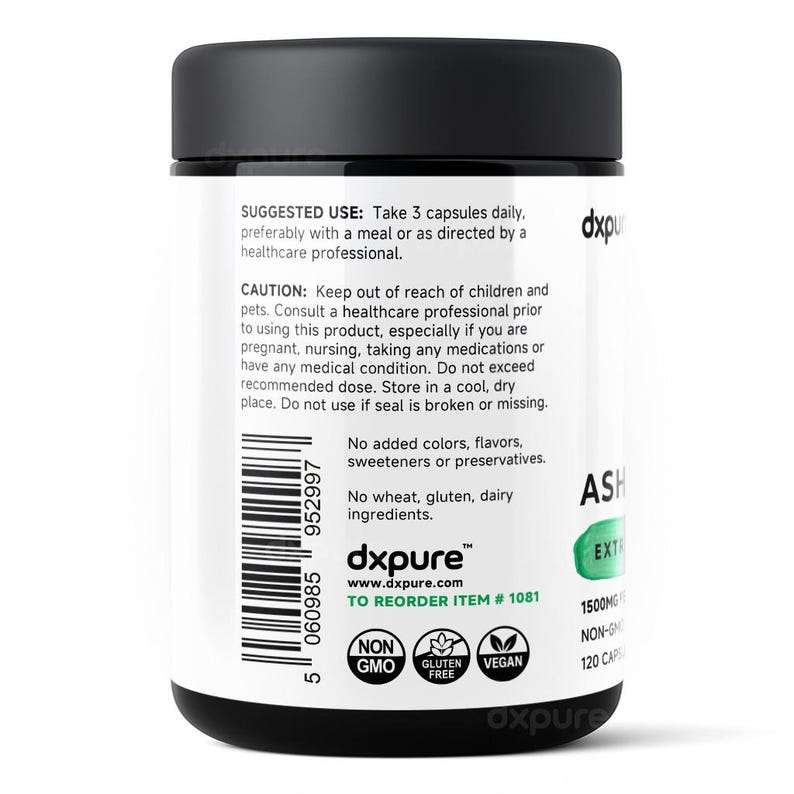 Op de afbeelding: Een zwarte supplementfles met een zwart deksel. Het etiket bevat tekst over aanbevolen gebruik, voorzorgsmaatregelen en ingredi&euml;nten. De fles heeft ook de merknaam "dxpure" en een groen label met "ASH EXTRA".