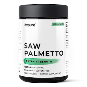 May include: A white supplement bottle with a black lid, labelled "dxpure" and "SAW PALMETTO EXTRA STRENGTH." The label includes "1000MG PER SERVING," "NON-GMO | GLUTEN-FREE," and "120 CAPSULES | DIETARY SUPPLEMENT." The bottle is cylindrical.
