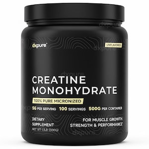 May include: Black container of creatine monohydrate dietary supplement. The label reads "Creatine Monohydrate" and "100% Pure Micronized." It contains 1.1lb (500g) and is unflavored. The product is designed for muscle growth, strength, and performance.