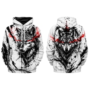 Svart Wolf Hoodie Unisex 3D Heltryck, Gotisk Röda Ögon Pullover Tröja Gåva