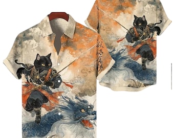 Camisa hawaiana de gato samurái, camisa negra de gato ninja montando un dragón con botones, camisa playera tropical de arte japonés, regalo único para amantes de los gatos para hombres y mujeres.