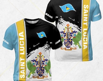 Camiseta de Santa Lucía con nombre personalizado, bandera y escudo, unisex, sublimada, ideal como regalo de viaje o festival.