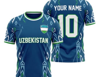 Custom Uzbekistan Soccer Jersey, Personalized Name Number Shirt, Blue Ikat Football Fan Tee, Uzbekistan Supporter Gift Unisex Jersey