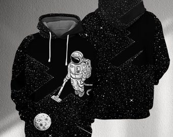 Funny Astronaut Vacuuming Space Hoodie 3D All Over Print Black Galaxy Unisex Sweatshirt, Cosmic Space Lover Pullover, Nerdy Space Gift