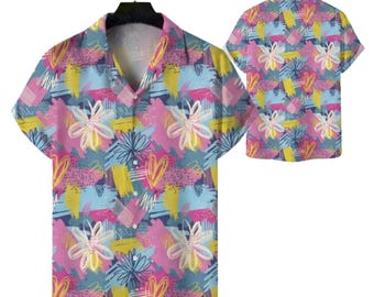 Camisa hawaiana colorida con estampado floral abstracto, camisa estilo retro de los 90 con botones para hombre.