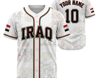 Camiseta de béisbol personalizada de Irak, camiseta con nombre y número personalizados, regalo para aficionados al deporte de la herencia iraquí, camiseta de uniforme de equipo de Oriente Medio para hombres y mujeres.