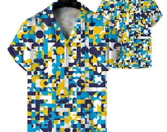 Camisa hawaiana retro geométrica para hombre, camisa de vacaciones con botones y estampado abstracto azul y amarillo.
