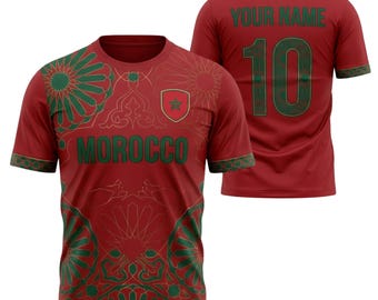 Camiseta de fútbol de Marruecos personalizada, camiseta de fútbol con nombre y número personalizados, camiseta de aficionado con estampado marroquí rojo y verde, regalo unisex para seguidores.