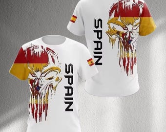 Spain Skull Flag T Shirt, Grunge Spanish Flag All Over Print Tee, Men Women Football Supporter Jersey, Patriotic Travel Gift Top Unisex