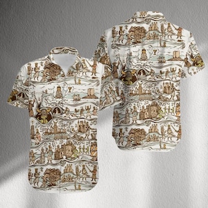 May include: Two short-sleeved button-down shirts with a repeating medieval-themed illustration in brown and tan on a white background. The design features castles, figures, and various scenes.