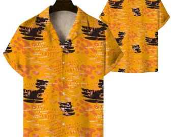 Camisa hawaiana abstracta naranja y amarilla, camisa tropical de verano con botones estilo Aloha para la playa.