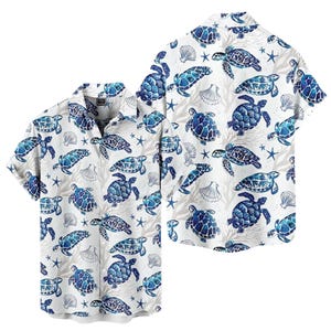 Meeresschildkröte Hawaii-Hemd, blaue Meeresschildkröte Knopf, Küstenstrand Aloha Shirt, Meeresleben Geschenk für Männer Frauen, Sommerferien