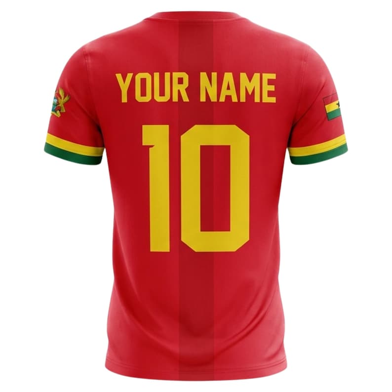 May include: Red soccer jersey with the number 10 in yellow, and the text "YOUR NAME" above it. The jersey has green and yellow accents on the sleeves and the Ghana flag on the sleeves.