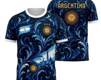 Camiseta de fútbol de Argentina, camiseta con bandera floral azul en 3D, camiseta de regalo para aficionados al fútbol argentino.