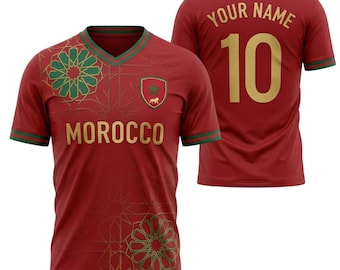Camiseta de fútbol personalizada inspirada en Marruecos, camiseta roja de fútbol con nombre y número personalizados, camiseta de aficionado con estampado marroquí, regalo para hombres y mujeres seguidores.