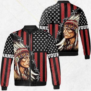May include: Black bomber jacket featuring a Native American portrait with a feathered headdress. The jacket has a black background with white clover-like shapes and red vertical stripes. The sleeves have the text "NAME" and "YOUR".