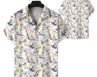 Camisa hawaiana con estampado de pájaros, blusa de manga corta con cuello tipo campamento y estampado de pájaros en acuarela.
