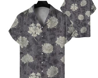 Camisa hawaiana gris con estampado floral, camisa abotonada Aloha para hombre, camisa para vacaciones tropicales.