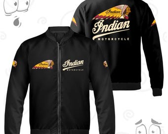 Indian Motorcycle Inspired Bomber Jacket – Black Zip | Vintage Script Logo | Unisex Biker Gift