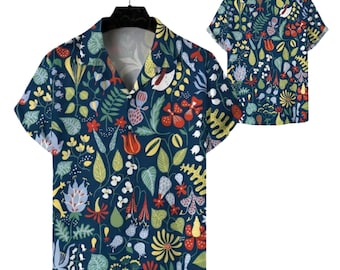 Camisa hawaiana botánica, camisa abotonada Aloha floral, camisa para campamento de vacaciones tropicales