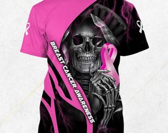 Maglietta con teschio per la sensibilizzazione sul cancro al seno: design con fiocco rosa e fulmine