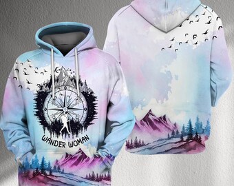 Sudadera con capucha Wander Woman Compass Mountain – Sudadera unisex con diseño de paisaje en acuarela pastel, ideal para senderismo, aventuras y viajes. Diseño unisex con aves y naturaleza.