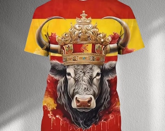 T-shirt couronne de taureau espagnol, t-shirt graphique Toro royal, haut de torero drapeau Espagne, streetwear Fiesta Matador, chemise unisexe imprimée