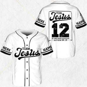 Team Jesus Baseball Jersey – White Button Up with Black Piping, Custom Name Sleeves, Back Number 12 Matthew 28:19 Christian Gift Shirt