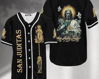 San Judas Tadeo Baseball Jersey: Black & White Faith Gift