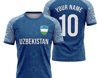 Maglia da calcio personalizzata dell'Uzbekistan, t-shirt blu per tifosi con nome e numero personalizzati, regalo per tifosi dell'Uzbekistan per uomini, donne, bambini e unisex.