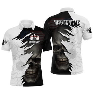 May include: White and black bowling polo shirt featuring a skull design. The shirt has a torn effect with an American flag and bowling pins graphic. The text "YOUR NAME" and "TEAM NAME" are visible.
