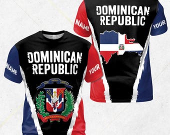 Camiseta con la bandera de República Dominicana, nombre personalizado, escudo de armas y mapa, camiseta gráfica, orgullo dominicano patriótico, regalo para hombres y mujeres