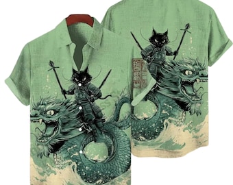 Camisa hawaiana con estampado de gato samurái y dragón, camisa japonesa con botones y estampado de olas, camisa hawaiana con estampado de gato negro guerrero, regalo vintage para amantes de los gatos, ropa de playa unisex.