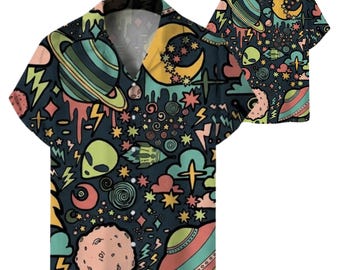 Camisa hawaiana con estampado de alienígenas espaciales, camisa de manga larga con cuello tipo campamento y diseño de galaxia OVNI para vacaciones.