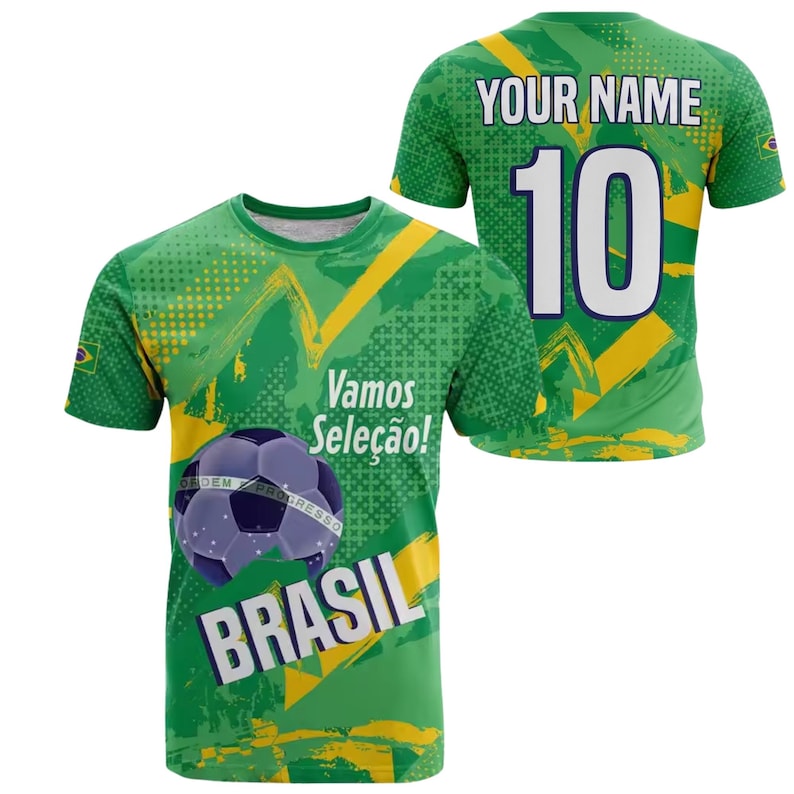 May include: Green and yellow Brazil soccer jersey with a soccer ball graphic and the word "BRASIL". The back of the jersey has the number 10 and the text "YOUR NAME".