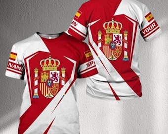 Custom Spain Soccer Jersey T Shirt, Spanish Flag Coat of Arms Football Fan Tee, Personalized Name Gift, World Cup Euro Match Day Top