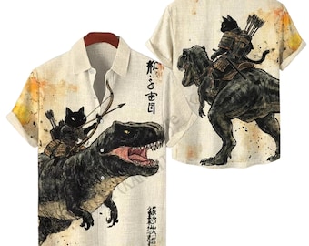 Camisa hawaiana de gato samurái montando un T-Rex, divertida camisa de botones de gato dinosaurio, regalo de estilo japonés para hombres y mujeres, camiseta de playa Aloha para vacaciones