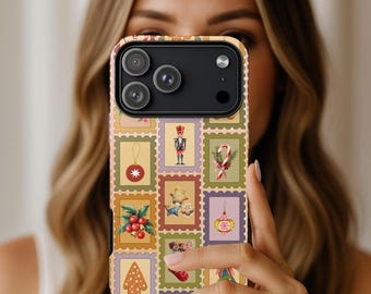 Vintage Stamp Christmas Winter Retro Phone Case, Christmas gift for her,  iPhone 17 16 15 14 13 12 Pro Max Samsung S25 S24, Google Pixel 9 8