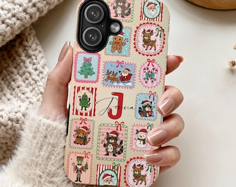 Personalized Vintage Stamp Christmas Phone Case, Cute Winter Poster Tough Cover for iPhone 17 16 15 14 13 12 Samsung S25 S24 Google Pixel