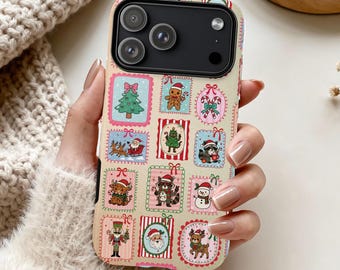 Vintage Stamp Christmas Phone Case, Cute Winter Poster Tough Phone Case for iPhone 17 16 15 14 13 12 Pro Max Samsung S25 S24, Google Pixel