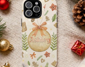 Personalized Christmas Phone Case, Custom Name Holiday Ornament Cover, Blush Festive Gift, Winter Samsung iPhone Pixel, Christmas Gift