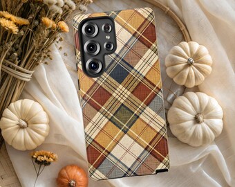 Vintage Plaid Fall Phone Case Retro Rustic Tartan Check Autumn Cover Cozy Brown Orange Samsung iPhone Pixel Magsafe Thanksgiving Season Gift