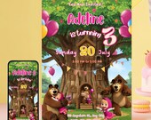 Masha and the Bear Birthday Invitation Digital Canva Template 5x7 and Phone invite with thank you card pdf