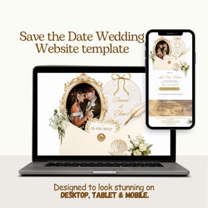May include: A digital Save the Date wedding website template displayed on a laptop and smartphone screen. The design features a gold ornate frame, a cream envelope, a quill pen, floral accents, and the text Daniel & Elenor 15-06-2027.