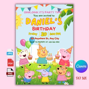 May include: A colorful birthday party invitation featuring cartoon characters, balloons, and a sun. The invitation reads "DANIEL'S BIRTHDAY" with the date, time, and RSVP information. The design includes the text "OINK, OINK IT'S PARTY TIME". The invitation is 5x7 inches.