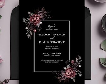 Black burgandy Wedding Invitation Template: Dark Moody Editable Canva Design (Digital Download)
