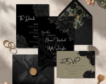Puede incluir: Conjunto de invitación de boda negro con gráficos de rosas. Incluye invitación, tarjeta RSVP y sobres. La invitación dice "The Details" y "Together Eleanor Fitzgerald & Phyllis Schwaigher". También son visibles anillos dorados y un sello de cera.
